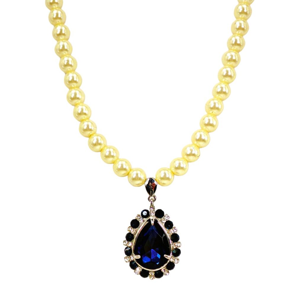 Pearl bead and crystal pendant necklace made with a blue teardrop crystal